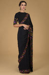 Black Kashmir Kani Art Embroidered Pure Crepe Silk Saree With Blouse