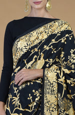 Masterpiece  Black- Beige Gold Parsi Gara Hand Embroidered Saree