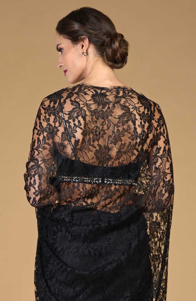 Black French Chantilly Lace Saree With Embellished Blouse