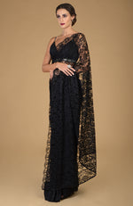 Black French Chantilly Lace Saree With Embellished Blouse