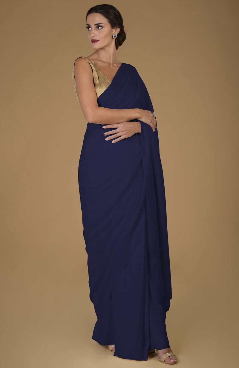 Midnight Blue Timeless Pure Pashmina Cashmere Saree With Blouse