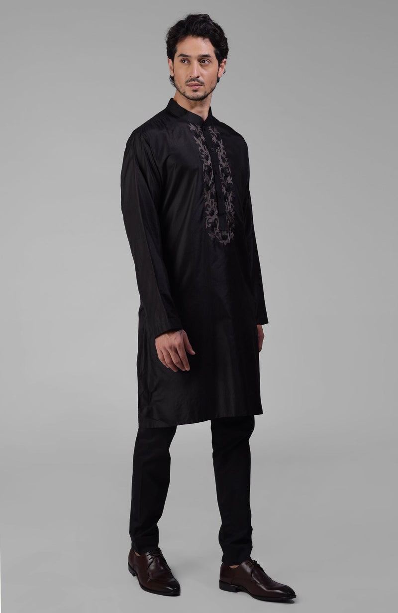 Black Silk Kurta With Floral Embroidered Placket Detail