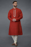 Red Pure Silk Kurta With Floral Embroidered Placket Detail