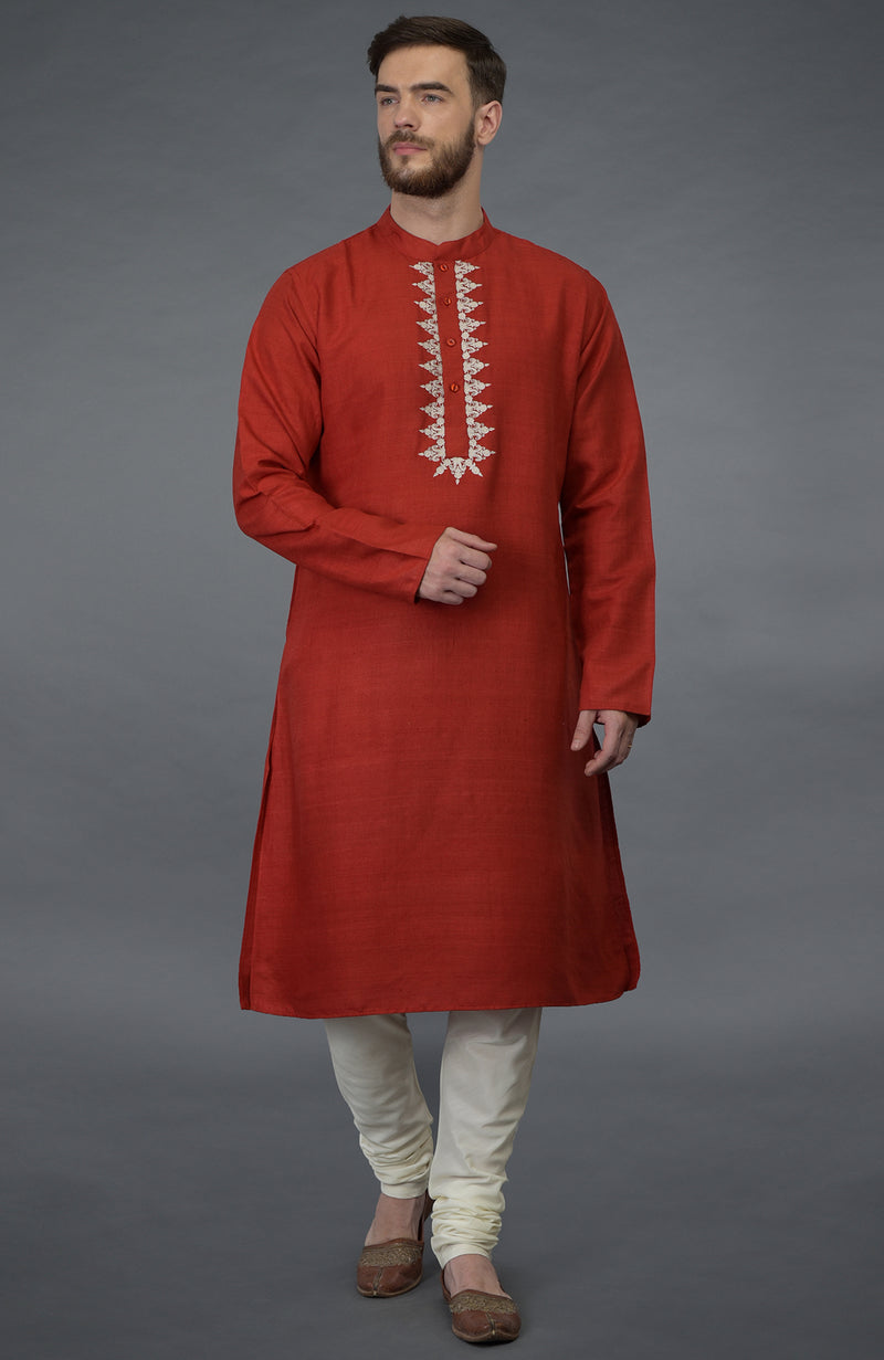 Red Pure Silk Kurta With Floral Embroidered Placket Detail