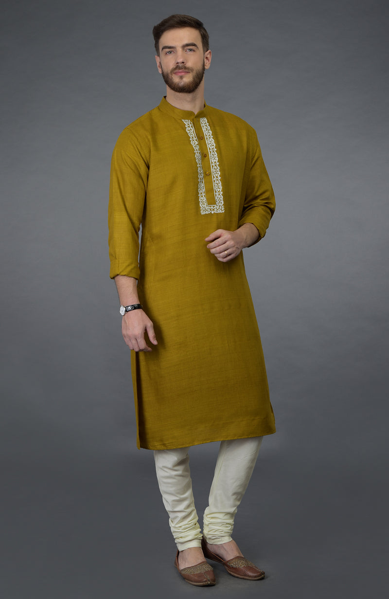 Mustard Pure Silk Kurta With Embroidered Placket Detail