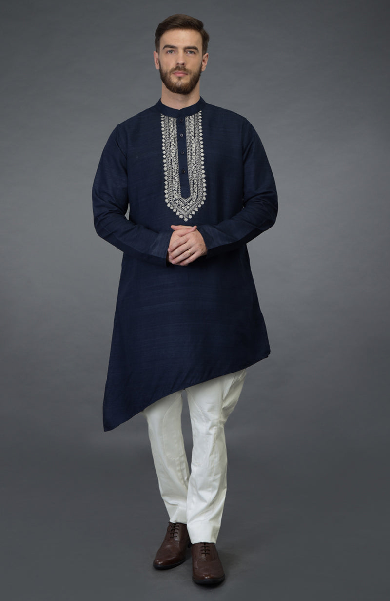 On Her: Midnight Blue Bead And Sequin Hand Embroidered Saree | On Him: Navy Blue Silver Tilla Embroidered Asymmetric Kurta Set