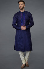 Ink Blue Silk Kurta With Embroidered Placket Detail