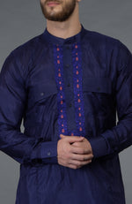 Ink Blue Silk Kurta With Embroidered Placket Detail
