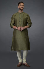 Olive Green Pure Silk Kurta With Embroidered Placket Detail