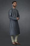 Grey Pure Silk Kurta With Embroidered Placket Detail