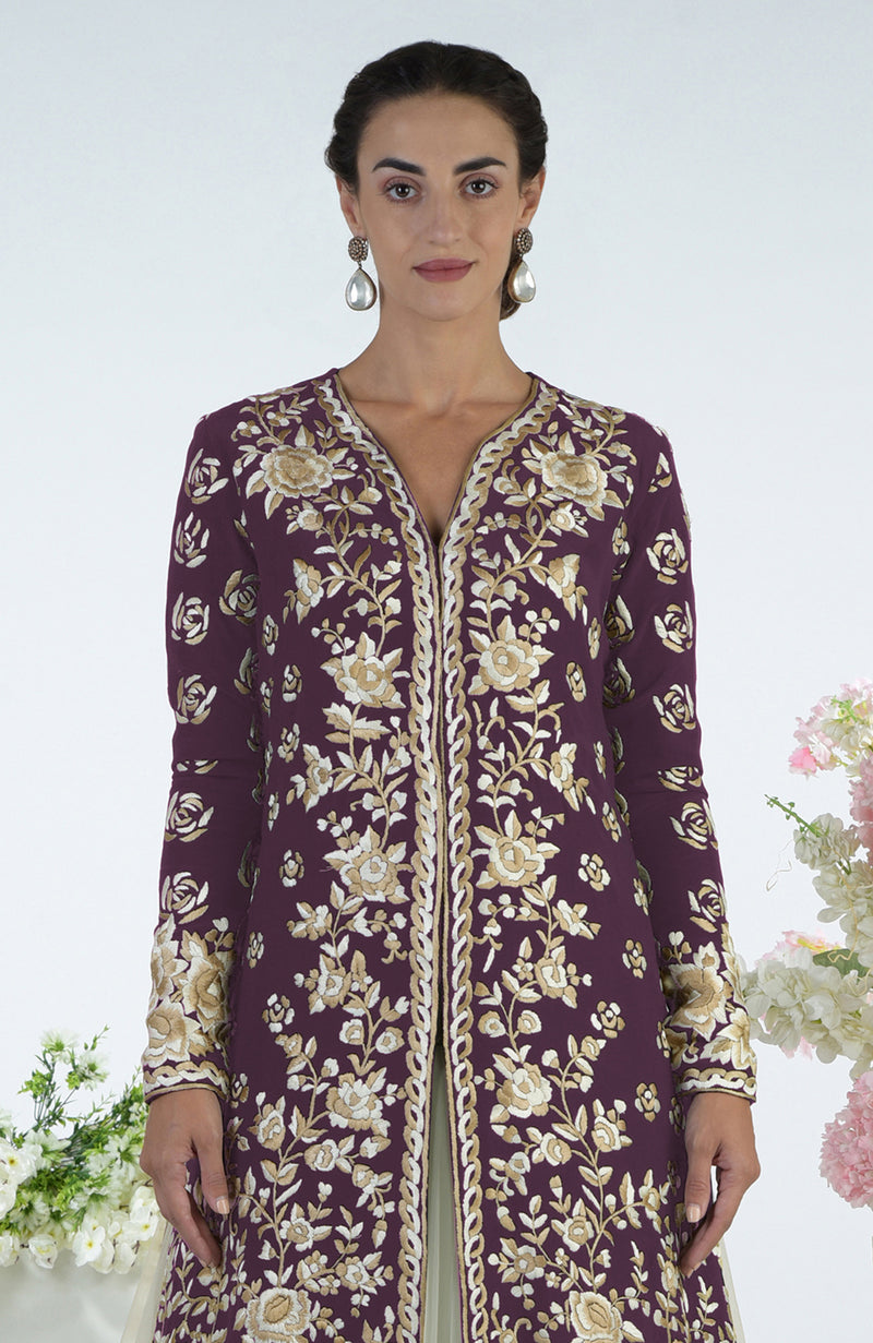 Plum Floral Parsi Gara Embroidered Jacket Set