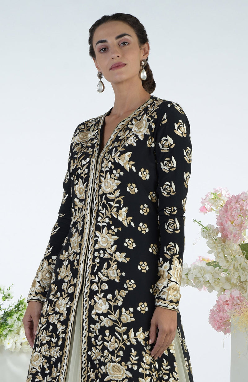 Black Floral Parsi Gara Embroidered Jacket Set