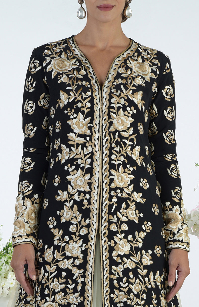 Black Floral Parsi Gara Embroidered Jacket Set