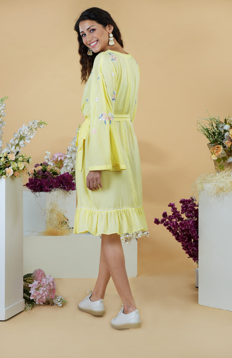 Charming Yellow Parsi Gara Wrap Around Dress – Talking Threads