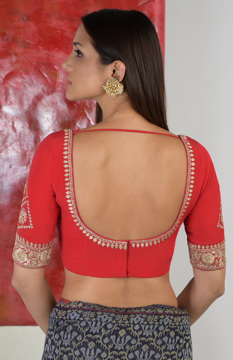 Red Zari Embroidered Sweetheart Blouse