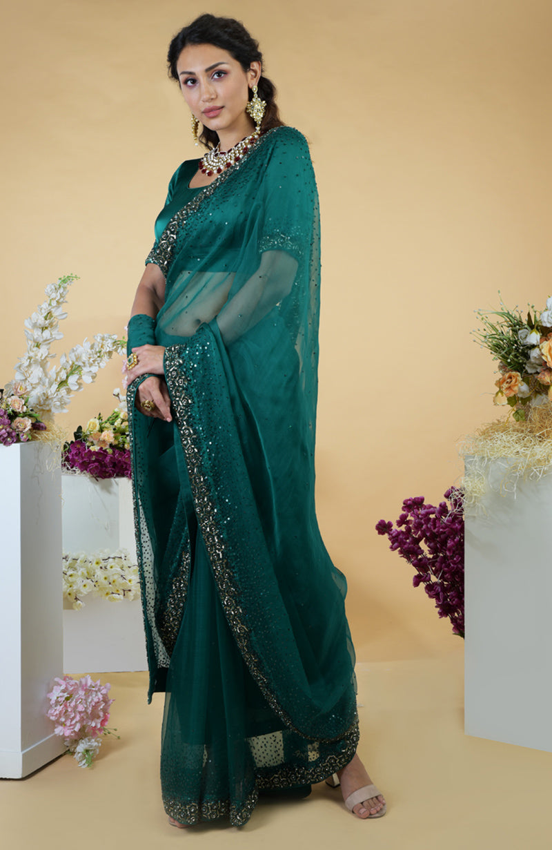 Emerald Green Beads and Sequin Hand Embroidered Organza Saree