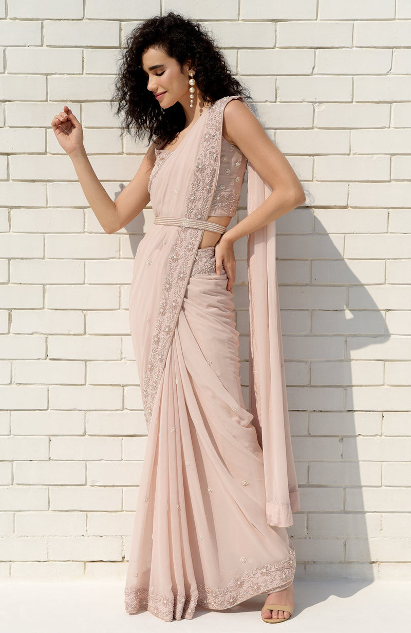 Nude Pink Pearl Beaded Hand Embroidered Saree Set