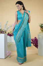 Teal Blue Hand Embroidered Linen Saree