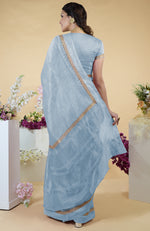 Dusty Blue Hand Embroidered Linen Silk Saree