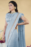 Dusty Blue Hand Embroidered Linen Silk Saree