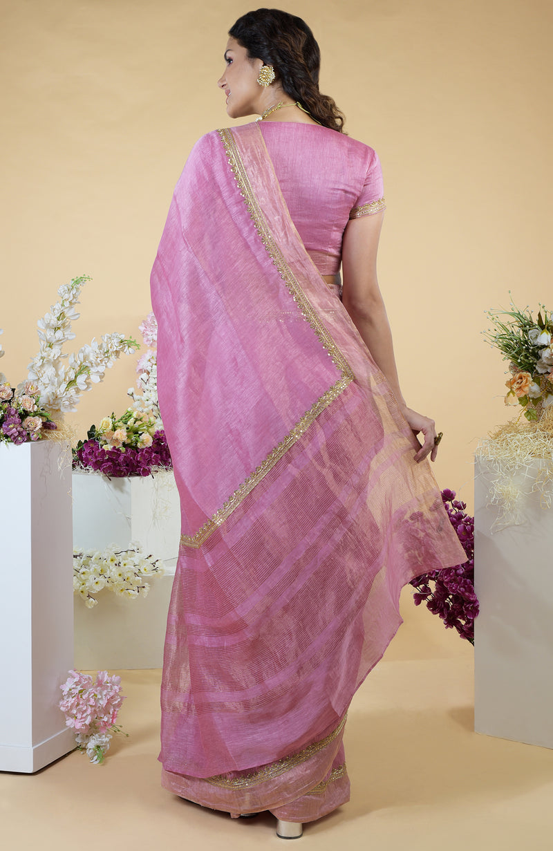 Withered Rose Hand Embroidered Linen Saree
