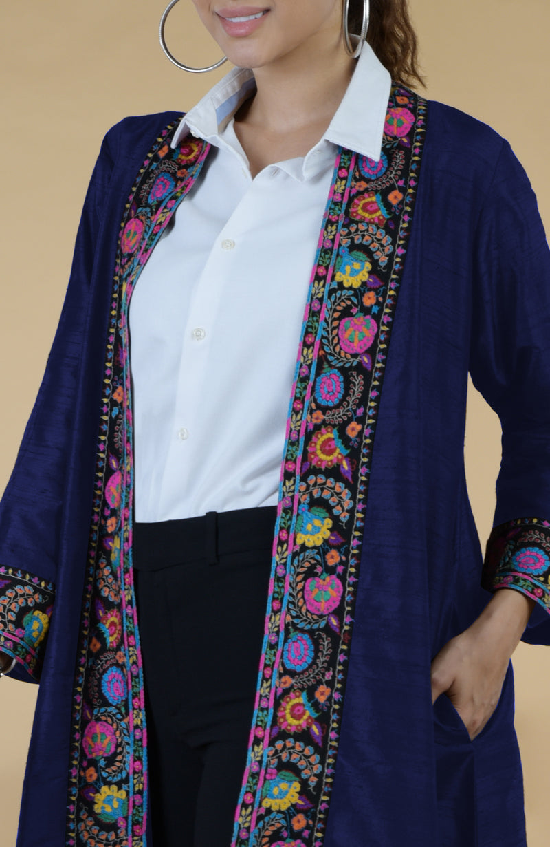 Blue Kashmiri Kashidakari Hand Embroidered Kimono Jacket