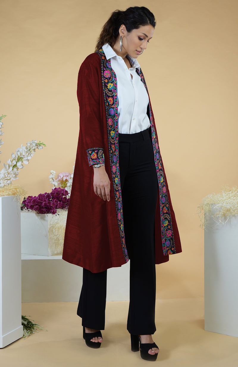 Maroon Kashmiri Kashidakari Hand Embroidered Kimono Jacket