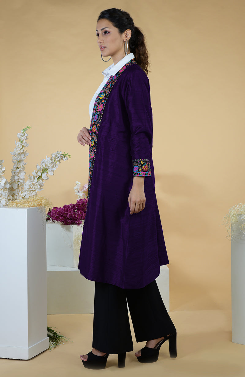 Plum Kashmiri Kashidakari Hand Embroidered Kimono Jacket