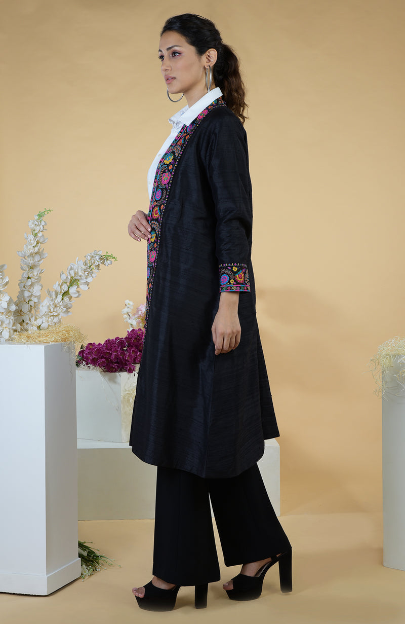 Black Kashmiri Kashidakari Hand Embroidered Kimono Jacket