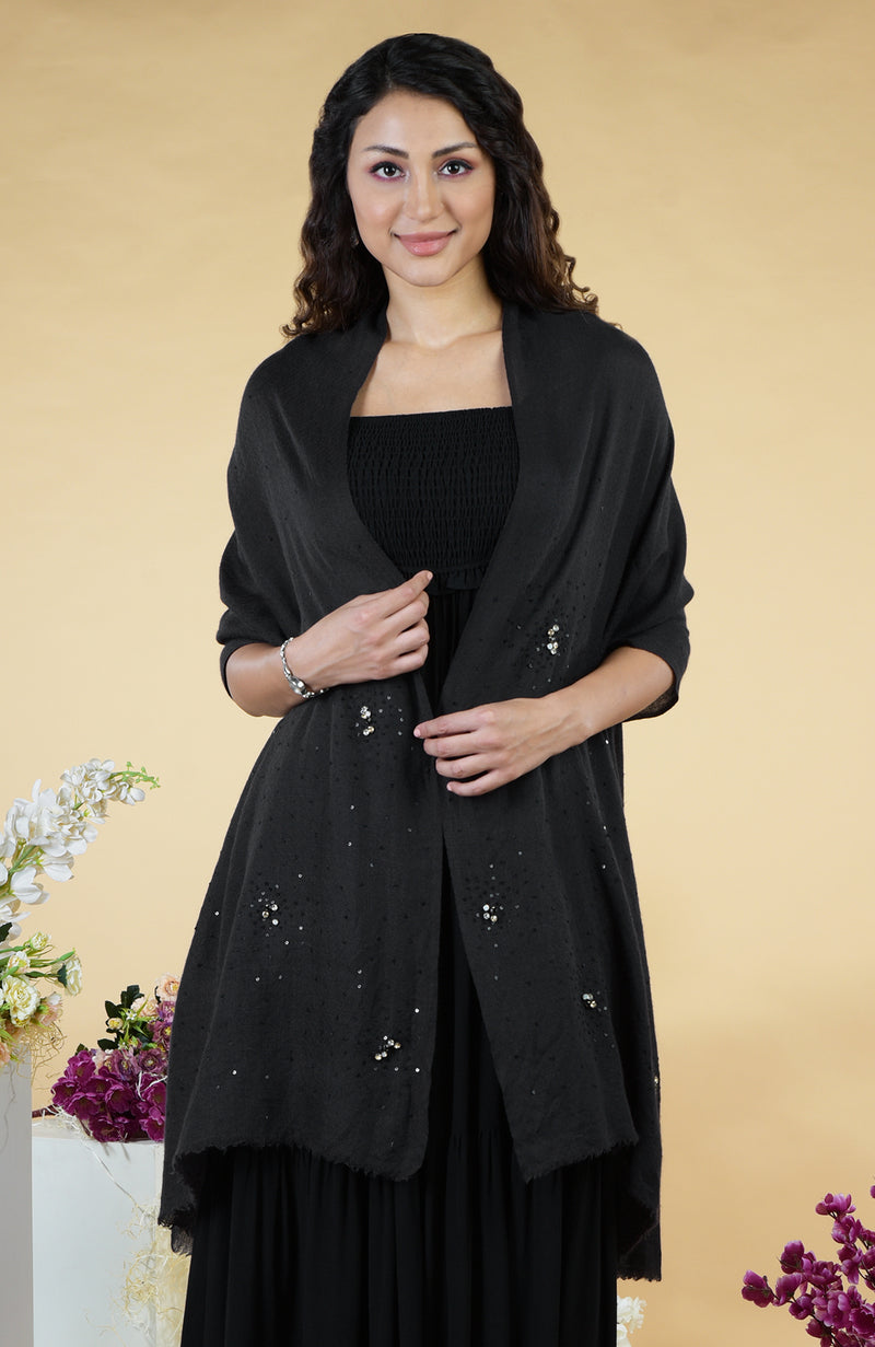 Black Galaxy Hand Embroidered Pure Cashmere Stole