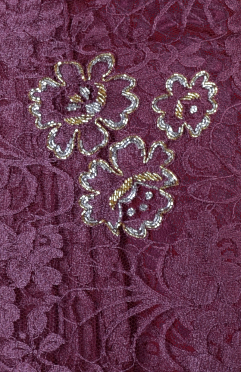 Wine French Chantilly Hand Embroidered Saree