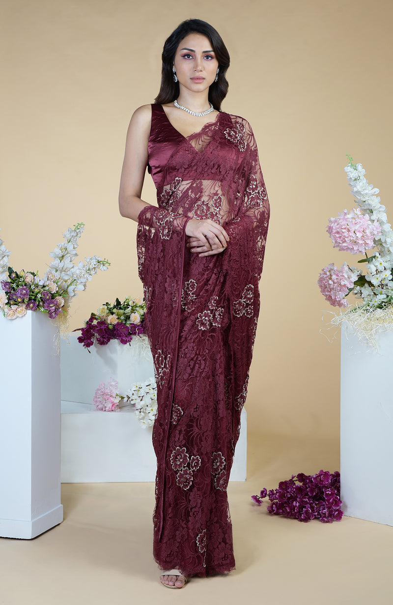 Burgundy French Chantilly Hand Embroidered Saree