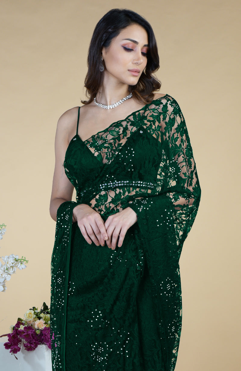 Dark Emerald French Chantilly Lace Swarovski Crystal Saree With Embellished Blouse