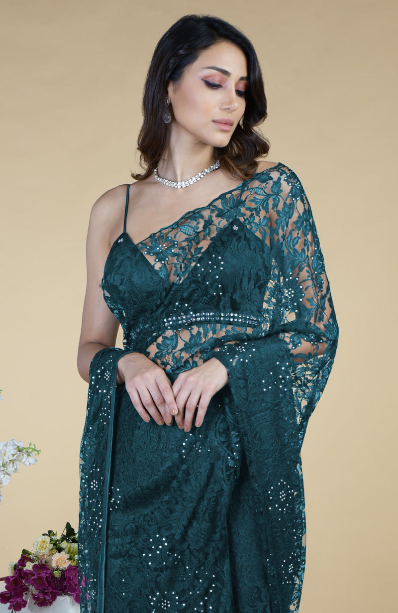 Gulf Coast French Chantilly Lace Swarovski Crystal Saree With Embellished Blouse