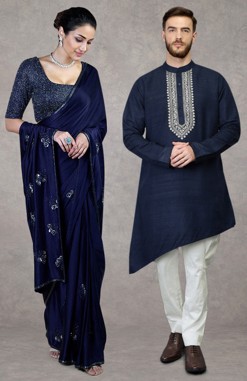 On Her: Midnight Blue Bead And Sequin Hand Embroidered Saree | On Him: Navy Blue Silver Tilla Embroidered Asymmetric Kurta Set