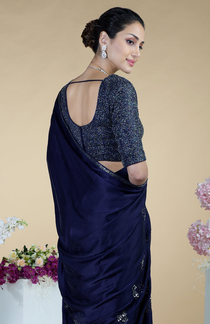 Midnight Blue bead and Sequin Hand Embroidered Saree