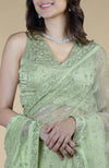 Pastel Mint Silver Beads & Sequin Zardozi Hand Embroidered Saree