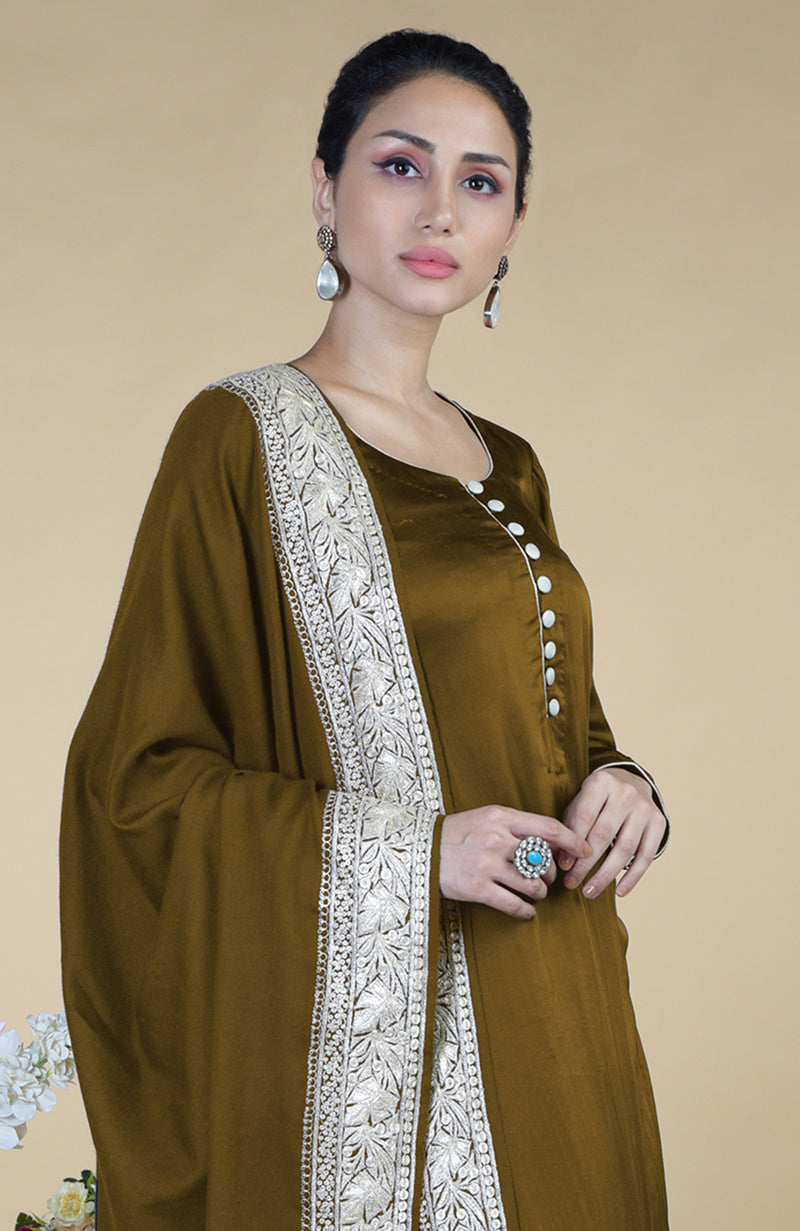 Burnt Olive Kashmiri Tilla Embroidered Pure Silk Shawl With Suit