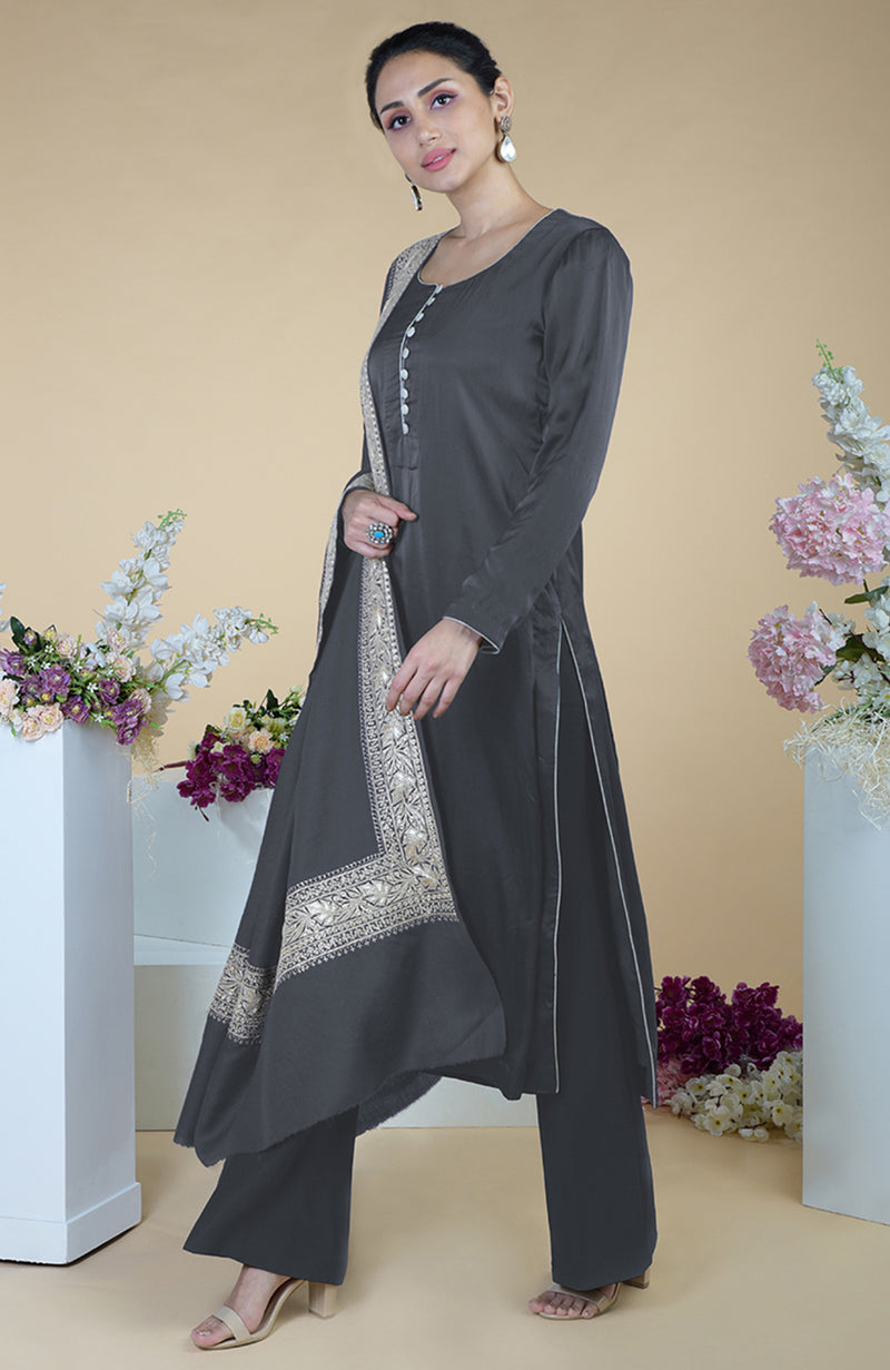 Grey Kashmiri Tilla Embroidered Pure Silk Shawl With Suit