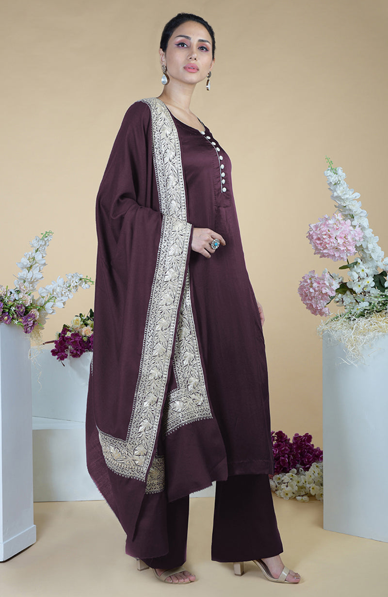 Royal Purple Kashmiri Tilla Embroidered Silk Shawl