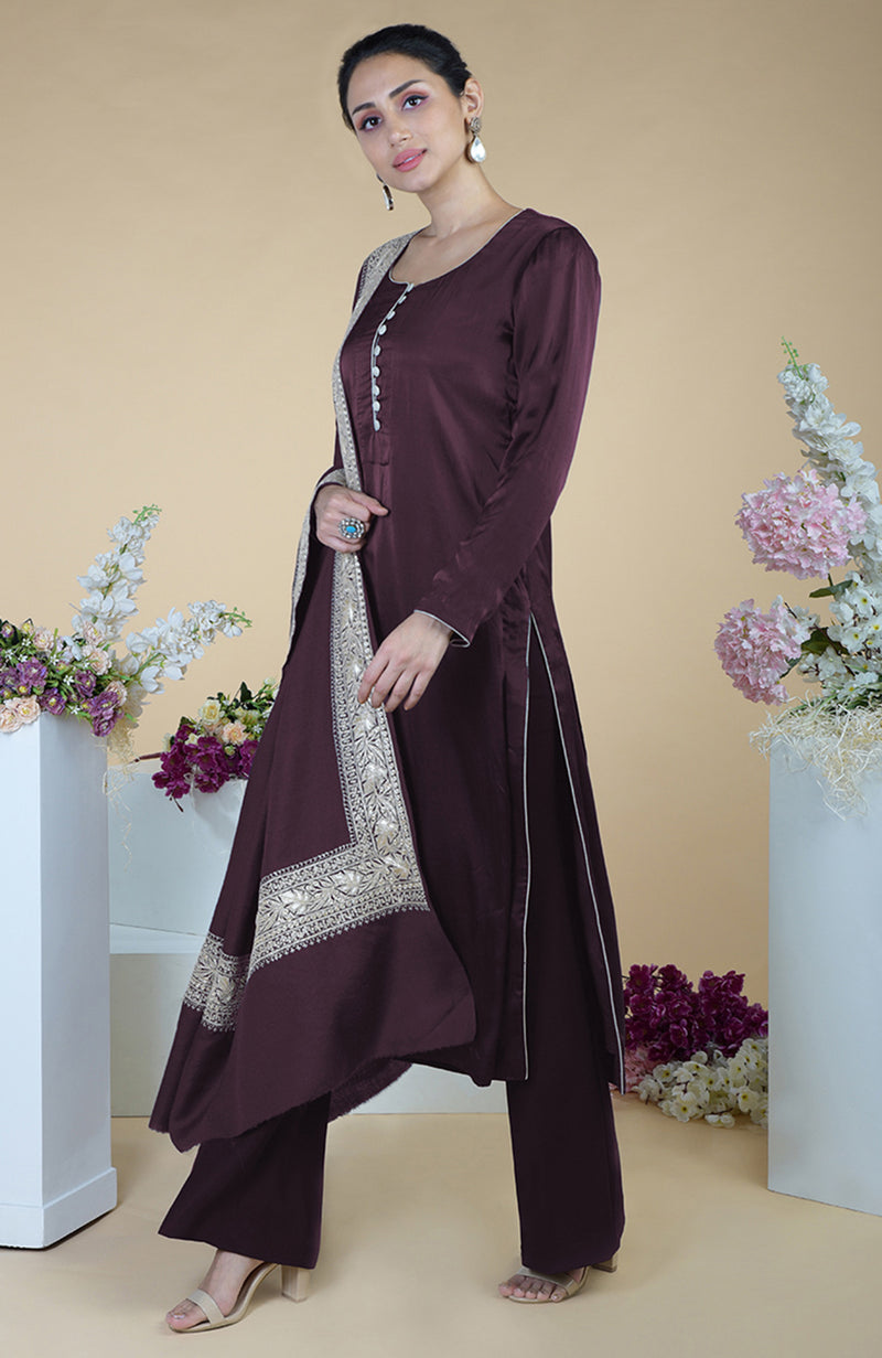 Royal Purple Kashmiri Tilla Embroidered Silk Shawl