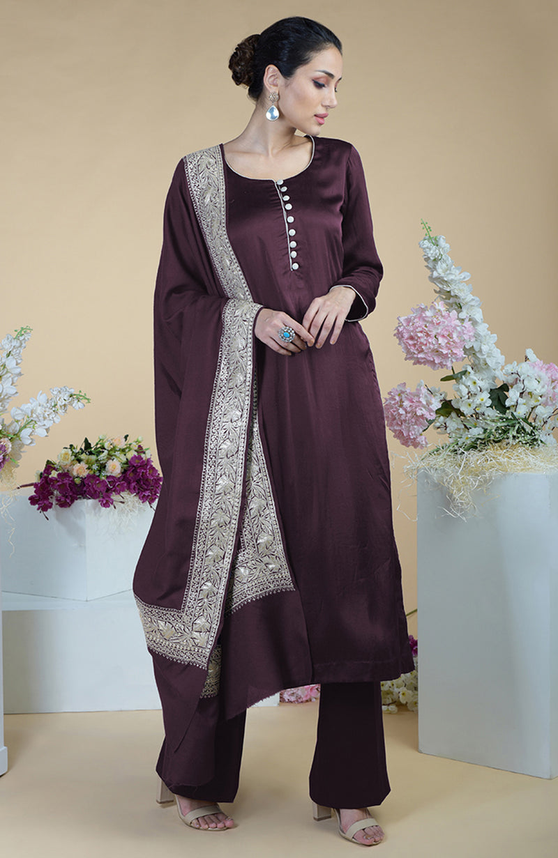 Royal Purple Kashmiri Tilla Embroidered Pure Silk Shawl With Suit