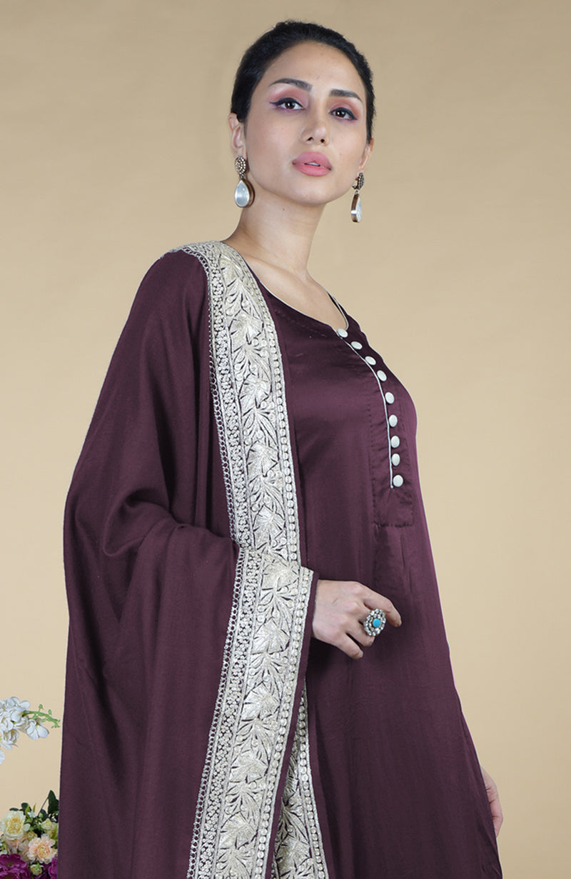 Royal Purple Kashmiri Tilla Embroidered Pure Silk Shawl With Suit