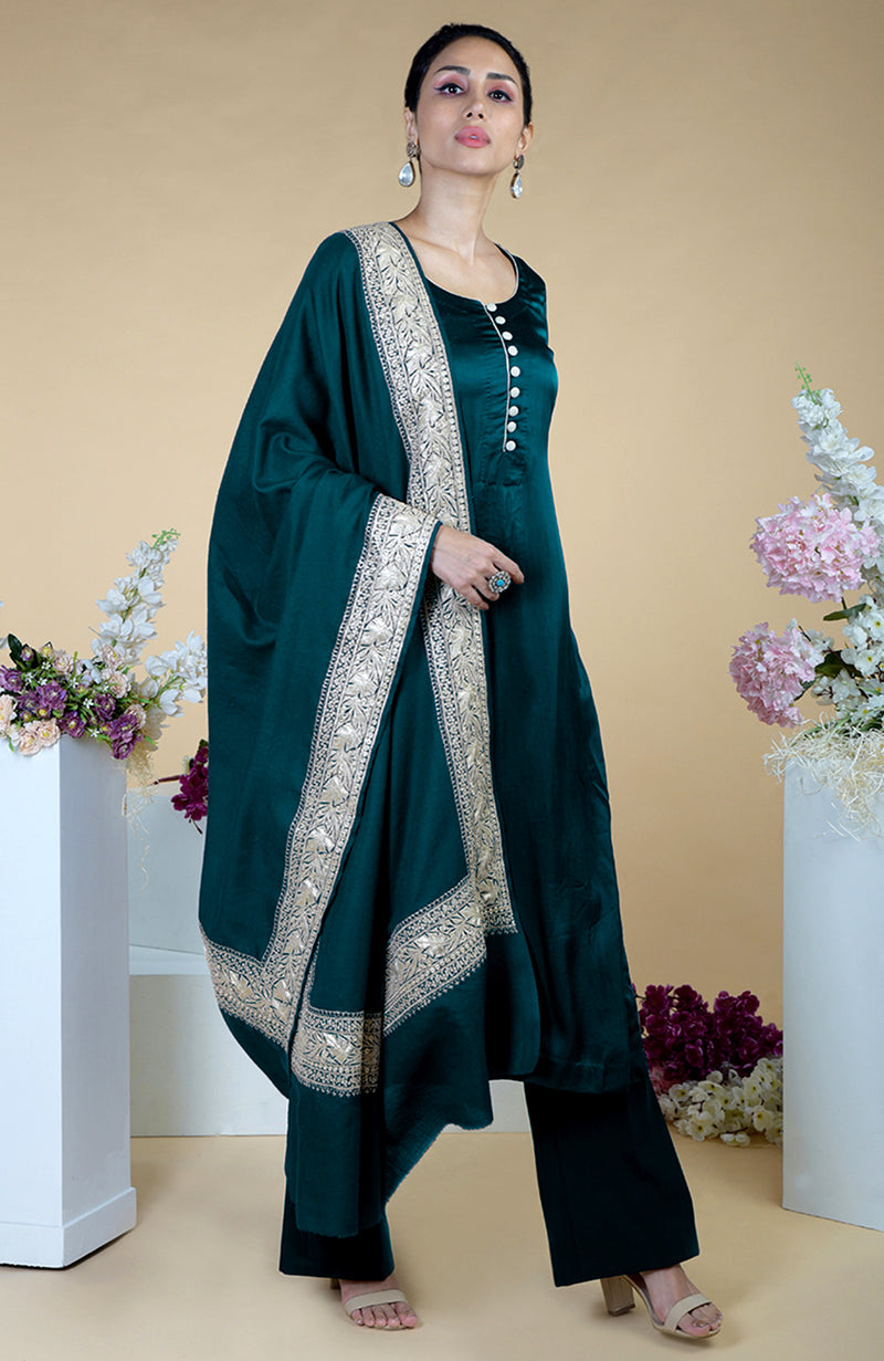 Burnt Olive Kashmiri Tilla Embroidered Pure Silk Shawl With Suit