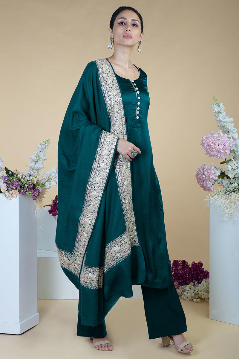 Teal Kashmiri Tilla Embroidered Pure Silk Shawl With Suit