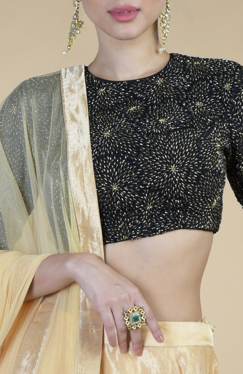 Black-Gold Hand Embroidered Blouse With Gold Tissue Skirt