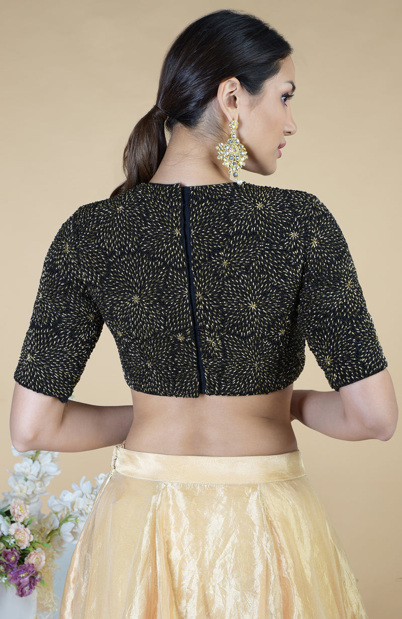 Black-Gold Hand Embroidered Blouse With Gold Tissue Skirt