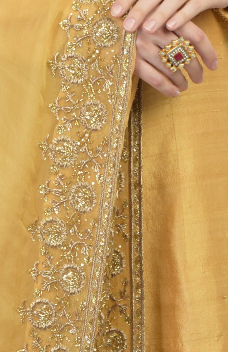 Gold Hand Embroidered Organza Dupatta With Raw Silk Kurta Set