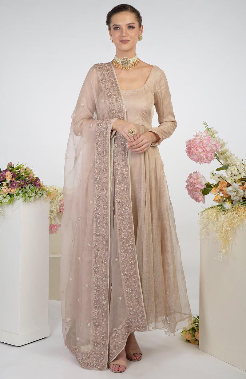 Pearl Oyster & Nude Pink Hand Embroidered Anarkali Set