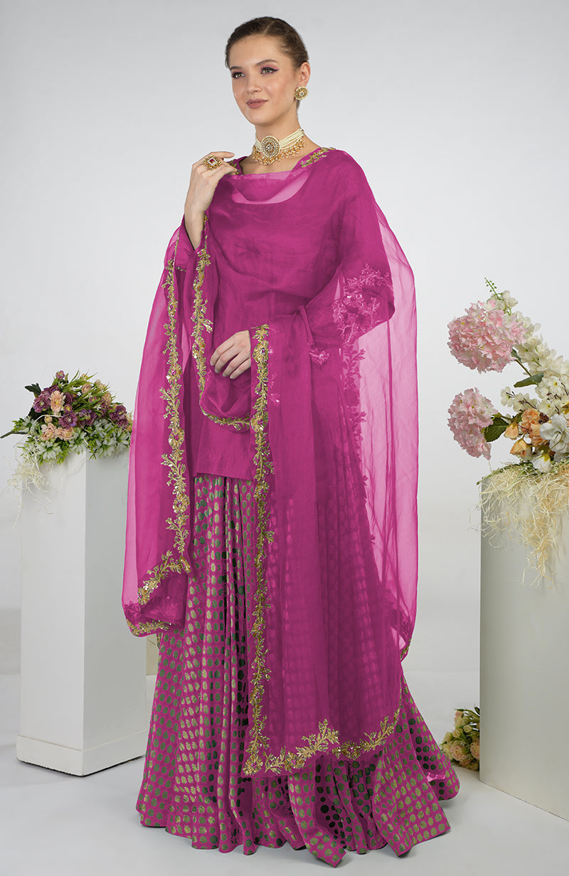 Bandhej Printed Banarasi Silk Flared Skirt in Fuchsia : BRJ712